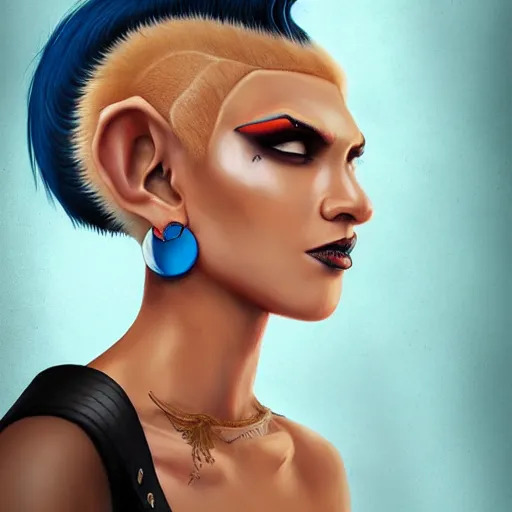 Image similar to illustrated realistic portrait of ram-horned devil woman with blue bob hairstyle and her tan colored skin and with solid black eyes wearing leather by rossdraws