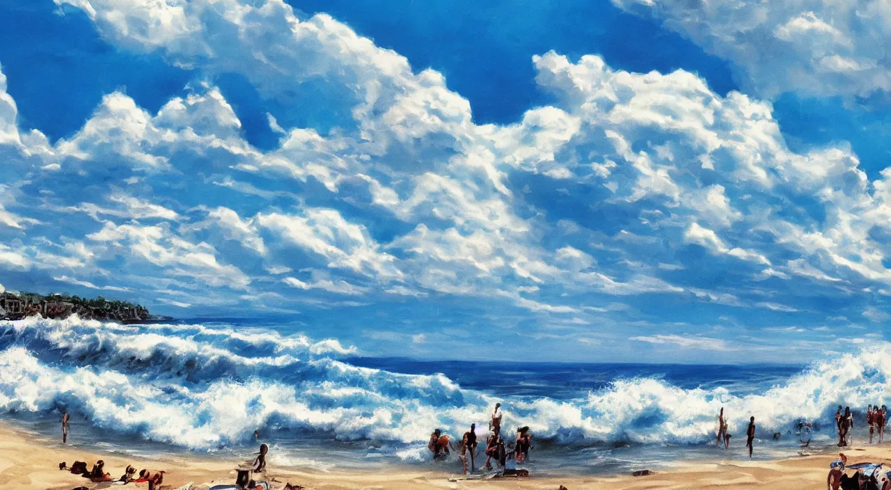 Prompt: ocean side beach blue sky clouds waves water beautiful artstation 4 k breathtaking illustration cartoon by jack kirby artstation concept art matte painting