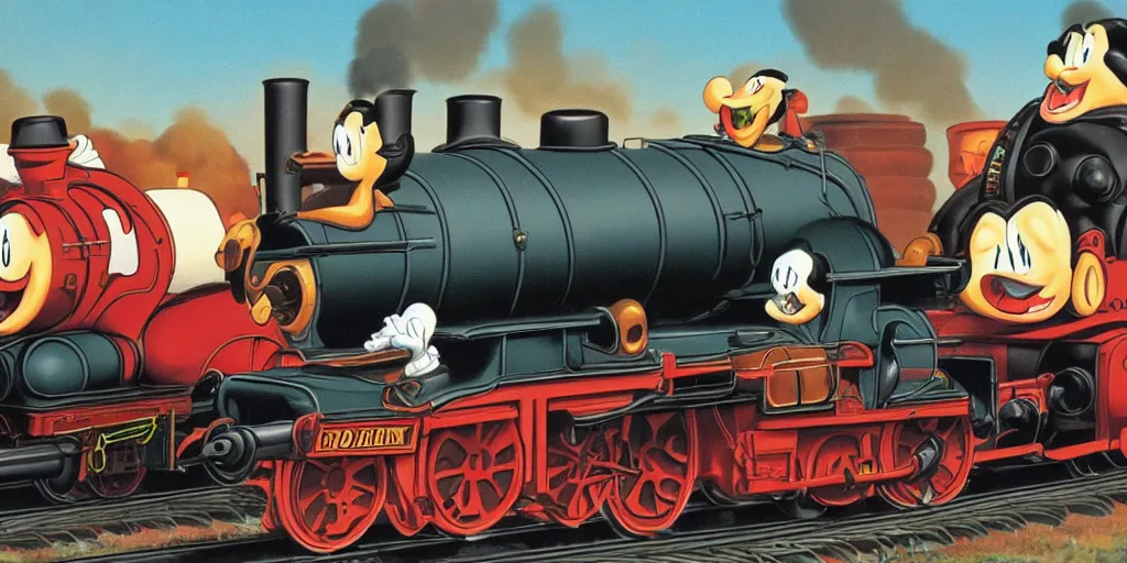 Prompt: steam locomotives drag racing side by side, smoky and steamy air, carl barks style