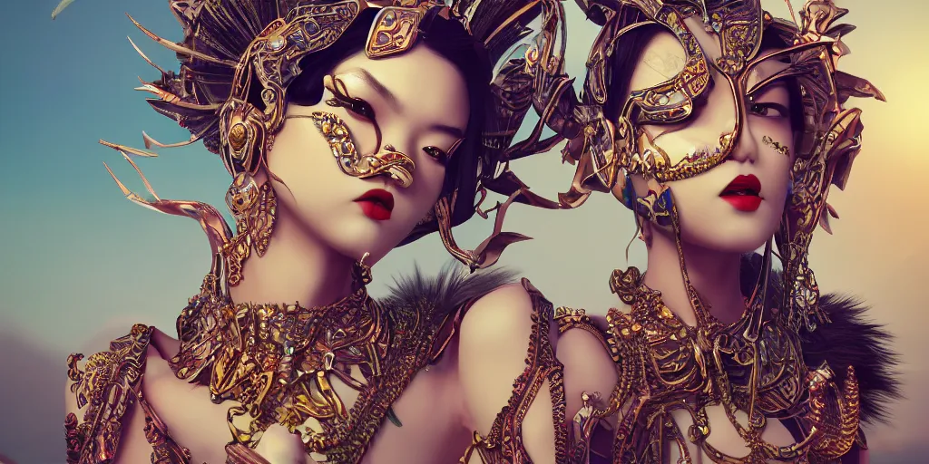 Image similar to giesha demon, innovative avant - garde art, deco fashion, asian women, highly detailed, photorealistic portrait, serene desert setting, crisp quality and light reflections, octane render, taror card with ornate border frame