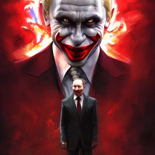 Image similar to portrait of vladimir putin as a joker in a city in fire, realistic, high definition, 4 k, shimmering color, hyper detailed, art of greg rutkowski and magali villeneuve and artgerm