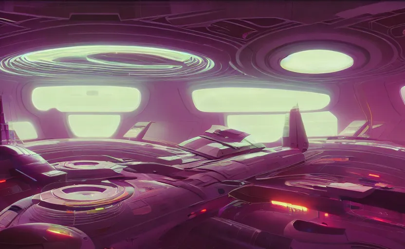 Image similar to Interior shot of a futuristic spaceship by Petros Afshar and Beeple, James Gilleard, Mark Ryden, Wolfgang Lettl highly detailed