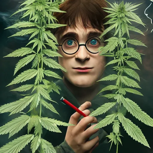 Prompt: harry potter smoking weed, surrounded by weed plants, joints faling from sky, smoke everywhere, fire smoke dense red eyes, eating weed leaf
