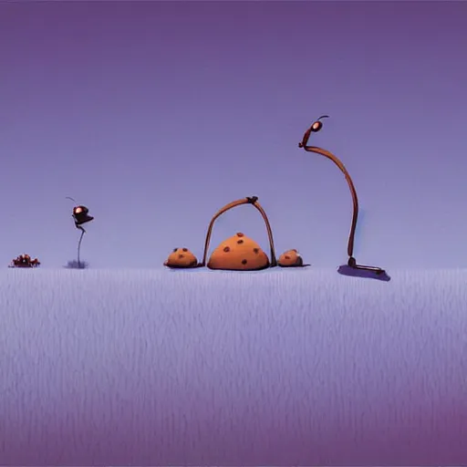 Prompt: Two anthills in the field at a distance, where the ants move food from one to the other, ilustration art by Goro Fujita