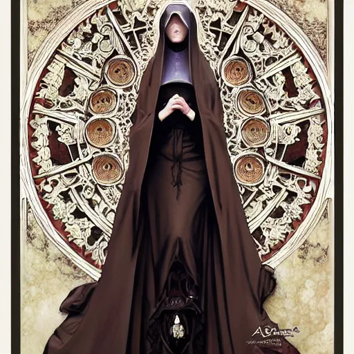 Image similar to art by artgerm and greg rutkowski and alphonse mucha and tom bagshaw, soft painting of a gothic nun blessing flowers in full dress, perfectly detailed, symmetrical intricate sensual features, highly detailed, artstation, sharp focus