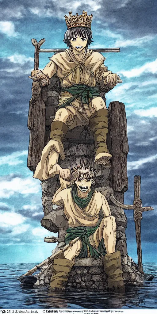 Image similar to a lone king sitting on a throne floating on water in the middle of a lake drawn by Makoto Yukimura in the style of Vinland saga anime, full color, detailed