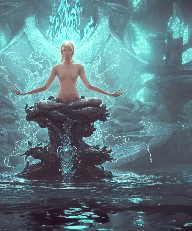 Image similar to a water demon meditating surrounded by power sigils, centered composition, crisp 8 k line art, digital painting, artstation, unreal engine, octane render, emissive lighting, concept art, matte, sharp focus, hyper realistic lighting, illustration, art by junto ito and takato yamamoto and riot studios