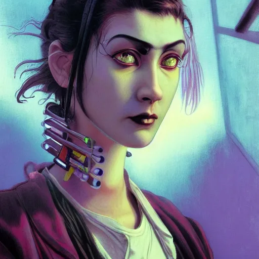 Prompt: vibrant face portrait of a young diesel punk woman on the art deco streets of the big city, symmetrical face, 3 d anime, streetwear, award - winning realistic sci - fi concept art by jim burns and greg rutkowski, picasso, beksinski, masterpiece, complimentary colors, james gilleard, bruegel, alphonse mucha, and yoshitaka amano