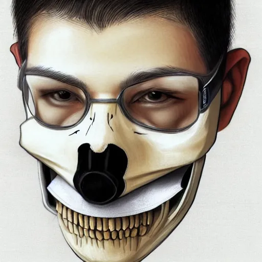 Image similar to frontal portrait of a suited blond with medical gloves and a skull face mask, by Kim Kyoung Hwan