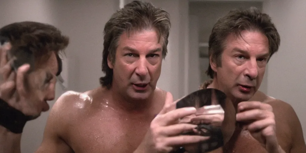 Prompt: ultra wide angle photo of alec baldwin dressed as seth brundle is looking at himself in a bathroom mirror and seeing his reflection as the fly, a mutated insect version of alec baldwin