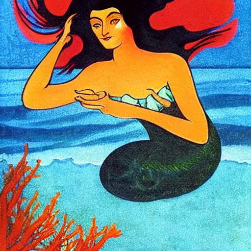 Image similar to A beautiful conceptual art of a mermaid swimming in the ocean. Her long, flowing hair streams behind her as she gracefully navigates the water. A coral reef and colorful fish can be seen in the background. Archean by Leonetto Cappiello