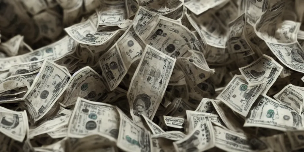 Prompt: a film still of cash money piling up in a vault, shallow depth of field, cinematic, award winning cgi, vfx, film still cfg _ scale : 2 1. 0