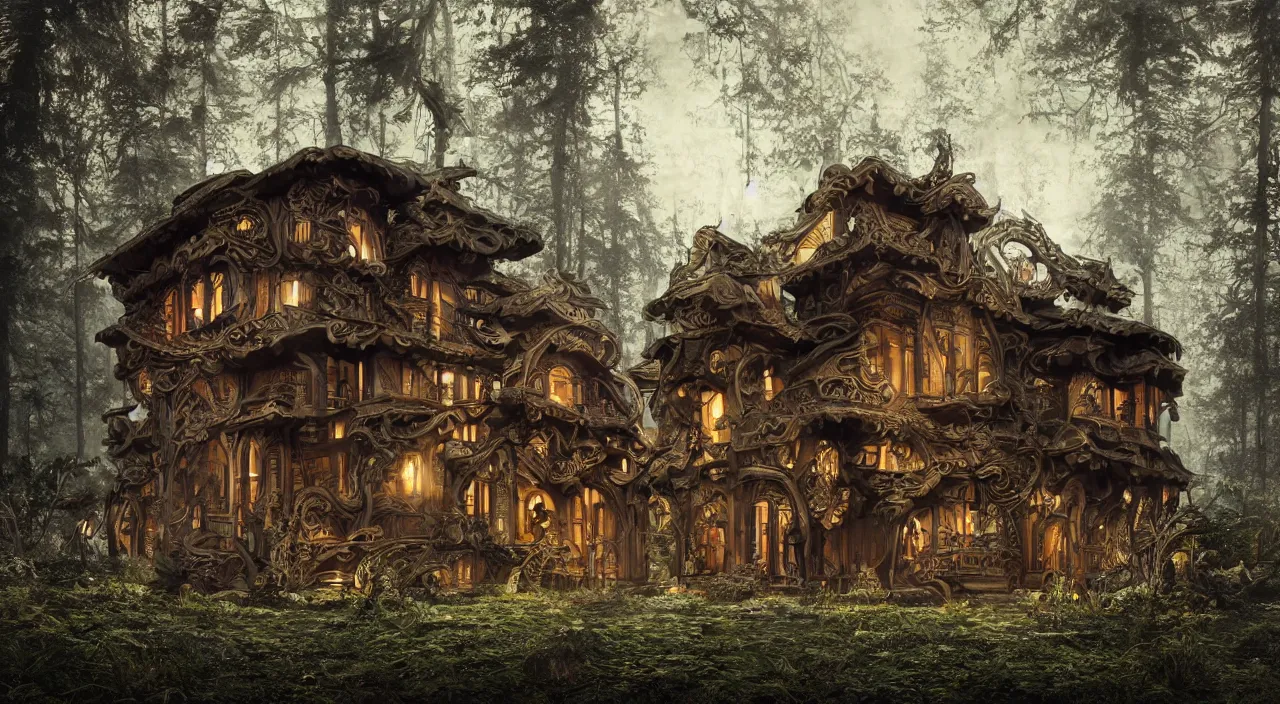 Image similar to a small wooden house built of carbon fibre surrounded by a dense forest, retro dark vintage sci-fi, matte illustration, highly detailed, baroque, crazy detail, intricate, elite, ornate, elegant, extravagant, dramatic lighting, CGsociety, hyper extremism, golden ratio, ambient key art, octane rendering, weta digital, micro detail, 3d sculpture, structures, ray tracing 8k