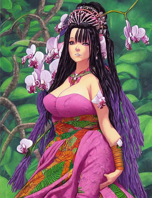 Prompt: plump aztec scifi princess of the orchid rainforest, wearing a lovely dress. this oil painting by the award - winning mangaka has an interesting color scheme, plenty of details and impeccable lighting.