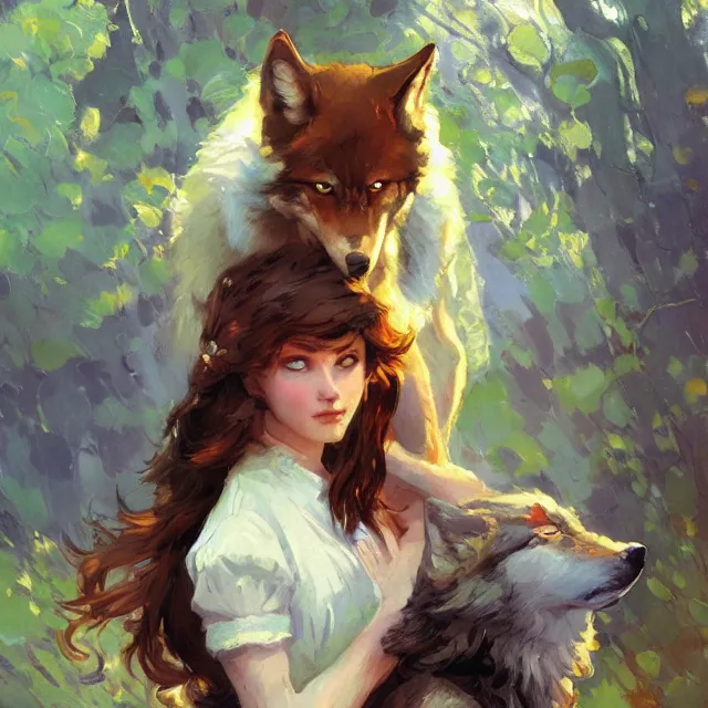 Image similar to book cover for a wolf and girl love story, portrait, elegant, intricate, digital painting, artstation, concept art, smooth, sharp focus, illustration, art by konstantin korovin and daniel f. gerhartz and john howe