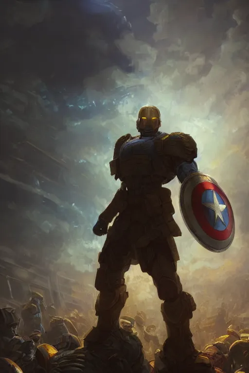 Image similar to a distant shot of a single super soldier with blue and yellow flag and standing alone on a huge pile of human skulls as a winner, masculine figure, D&D, fantasy, bright hopeful atmosphere, volumetric lights, beam of bright light through the clouds, intricate, elegant, highly detailed, extremely detailed, digital painting, artstation, concept art, matte, smooth, sharp focus, hyper realistic, illustration, art by Artgerm and Greg Rutkowski and Alphonse Mucha