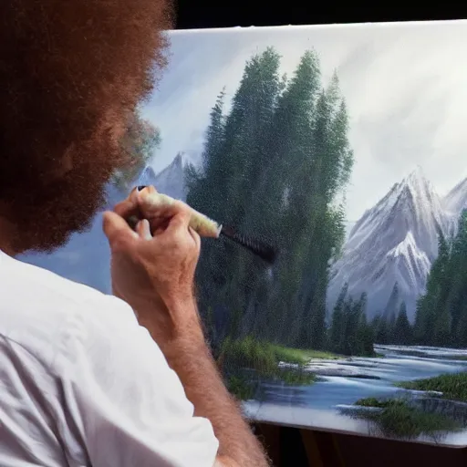 Image similar to a closeup photorealistic photograph of bob ross working on a canvas painting of spiderman. film still. brightly lit scene. mountains and trees. this 4 k hd image is trending on artstation, featured on behance, well - rendered, extra crisp, features intricate detail, epic composition and the style of unreal engine.