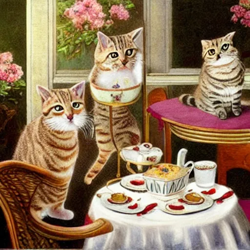 Prompt: three tabby cats attend a fancy english tea party, photorealistic