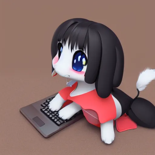 Prompt: cute fumo plush of a dog girl typing on a phone, anime girl, vray