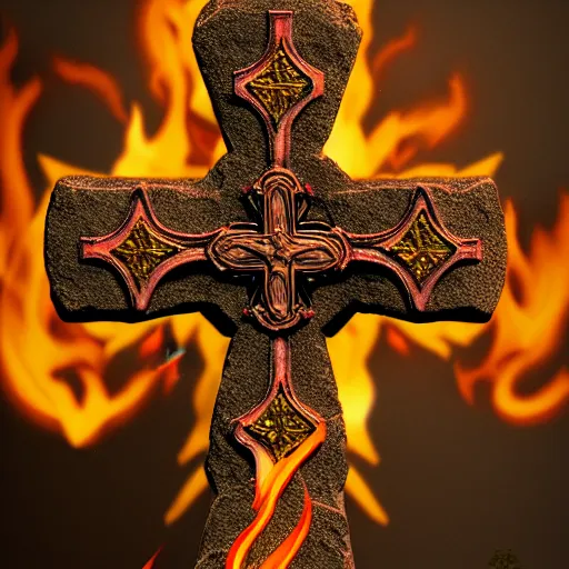 Prompt: intricate detail of a cross embeded in a stone with fire sparkles around, concept art, highly detailed, artstation, cinematic,