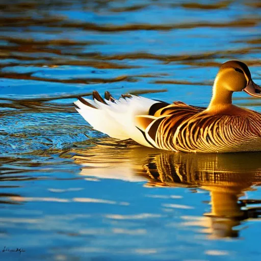 Image similar to beautiful digital painting of a duck with tiger colored feathers. It spreads its wings majestically as it takes off from a placid river in the south of france. Golden hour, perfect contrast, awe inspiring.