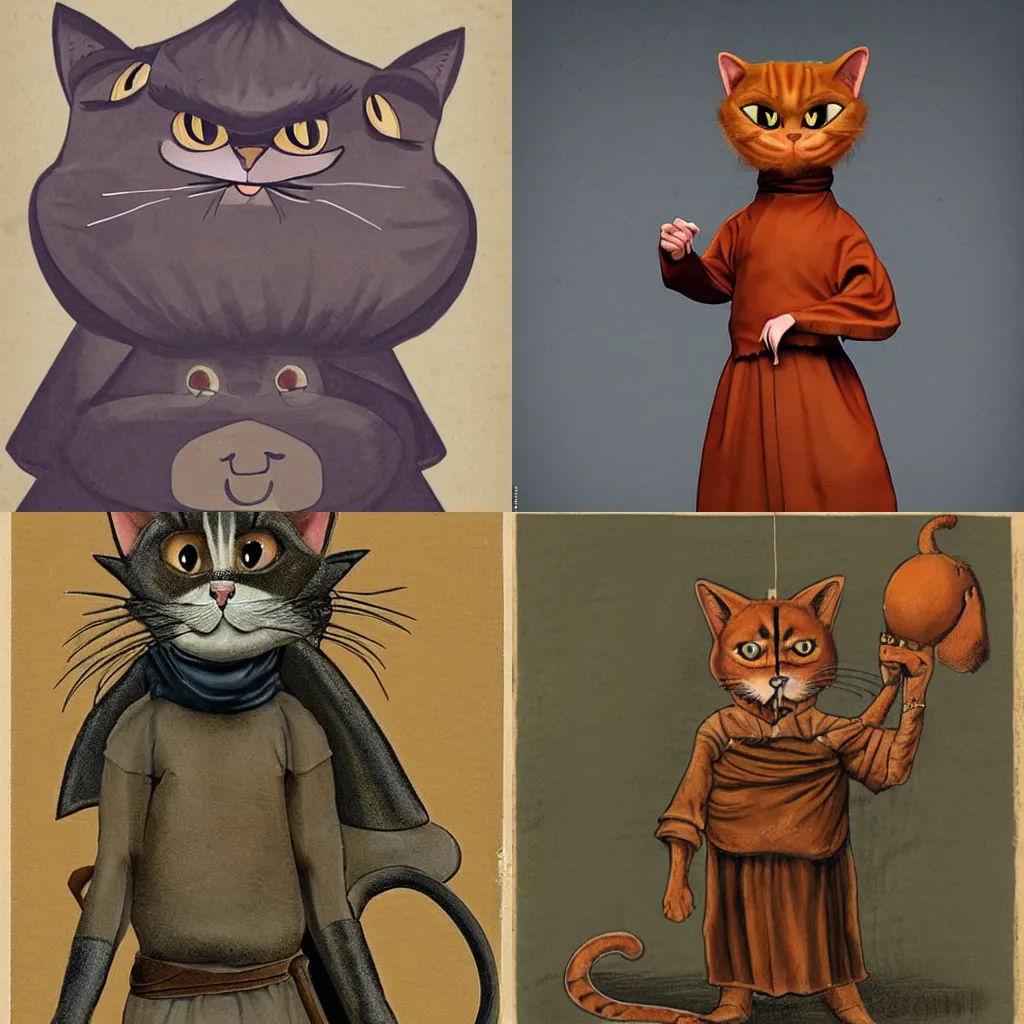 Prompt: An anthropomorphic cat dressed like a monk ready to fight a dragon