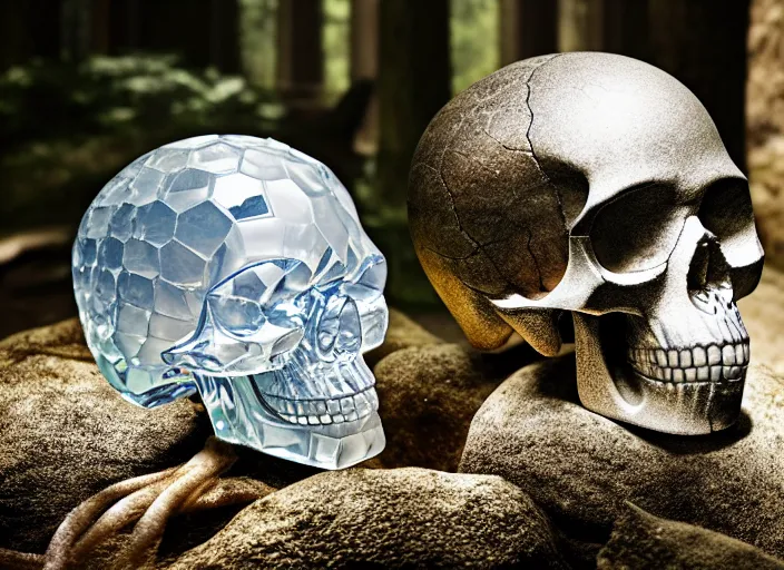 Image similar to crystal skull encased in a crystal box On a pedestal in ancient ruins in the forest. Highly detailed 8k. Intricate. Nikon d850 55mm. Award winning photography.