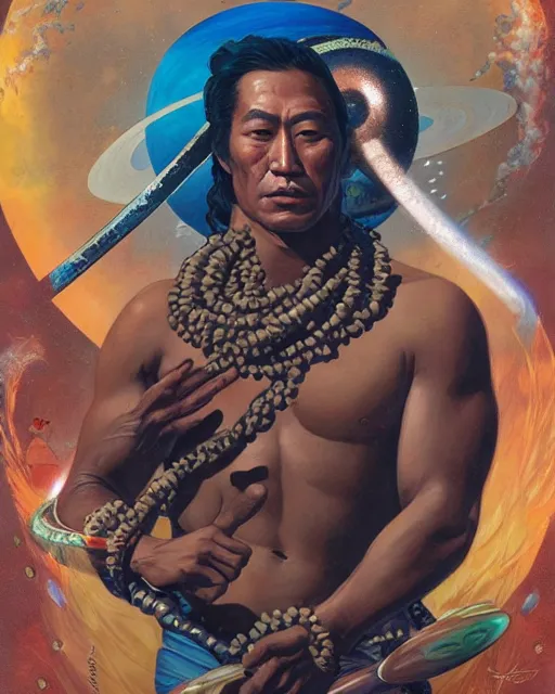 Prompt: duke kahanamoku as a hawaiian warrior surrounded by intergalactic planets connected by streams of magical flow, sigma male, gigachad, visually stunning, luxurious, by james jean, jakub rebelka, tran nguyen, peter mohrbacher, yoann lossel