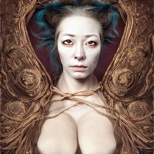 Image similar to portrait of a Shibari rope wrapped face and neck, headshot, insanely nice professional hair style, dramatic hair color, digital painting, of a old 17th century, old cyborg merchant, amber jewels, baroque, ornate clothing, scifi, realistic, hyperdetailed, chiaroscuro, concept art, art by Franz Hals and Jon Foster and Ayami Kojima and Amano and Karol Bak,