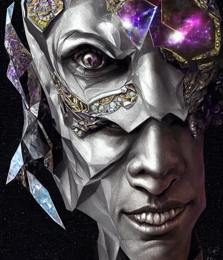 Image similar to front!!! shot of a court jester!!! character, mesmerizing fractal hypercubes, platinum cracked, dark holography!!!, future, metallic galactic, crystalline edges, polygonal, elegant, highly detailed, centered, (((artstation, concept art, jagged, sharp focus, artgerm, Tomasz Alen Kopera, Peter Mohrbacher, donato giancola, Joseph Christian Leyendecker, WLOP, Boris Vallejo))), ((raytracing)), mugshot!!!!!, ugly!!!!!!, octane render, nvidia raytracing demo, octane render, nvidia raytracing demo, octane render, nvidia raytracing demo, 8K, cinematic, masterpiece, fine portrait