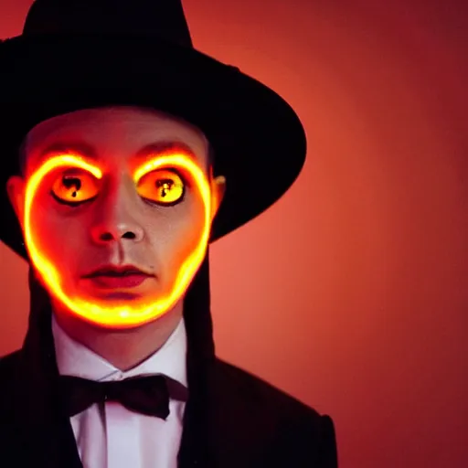 Image similar to a male magician with orange glowing eyes, frontal view, cool looking