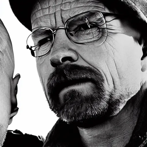 Prompt: a still from breaking bad of Jesse Pinkman kissing Walter White, close-up, highly detailed skin