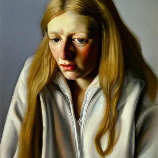 Image similar to high quality high detail painting by lucian freud, hd, pale blonde girl portrait, photorealistic lighting