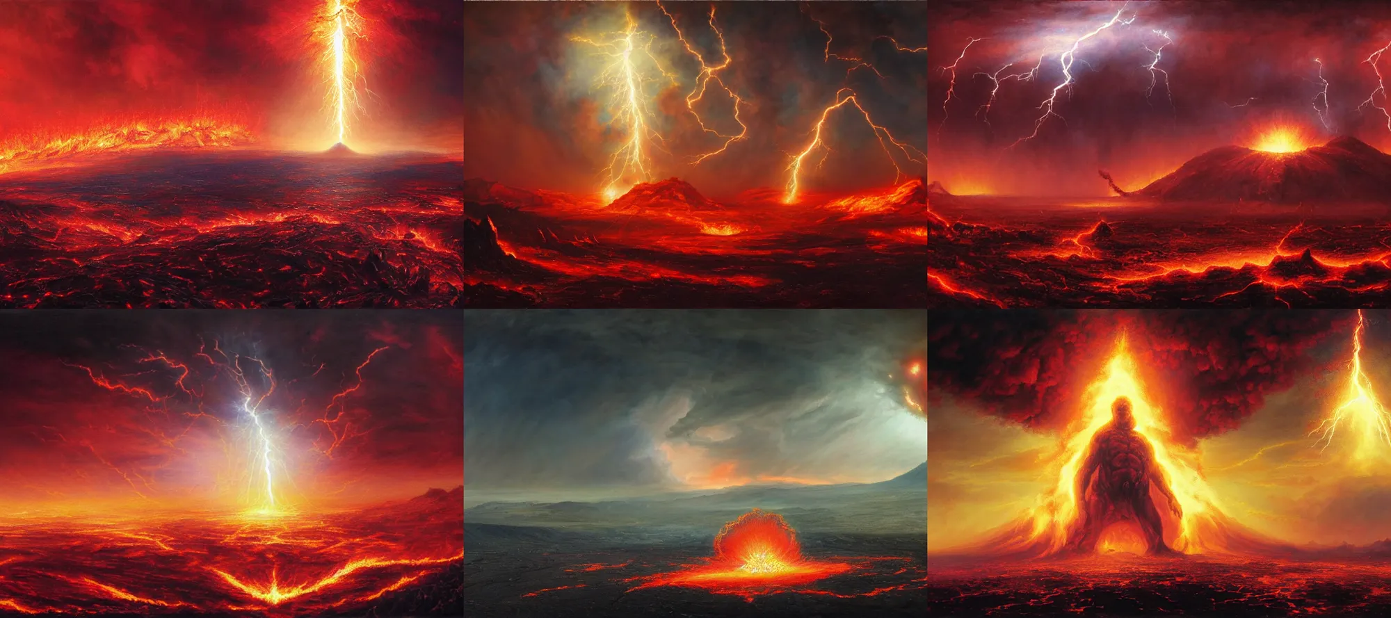 Prompt: epic apocalyptic painting of the end of the world, a gigantic cosmic being visible in the sky reaching his hand into the earth, lava and fire bursting out of the ground, lightning, red tint, dramatic lighting, epic feels, apocalyptic scenery, smoke and dust, highly detailed, vivid colors, oil on canvas, by Greg Rutkowski and Craig Mullins, 8k