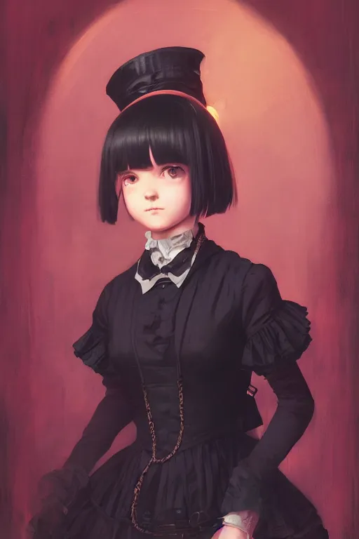 Image similar to a portrait of a cute young Victorian maid with black bob cut hair, steampunk setting, vivid colors, soft lighting, atmospheric, cinematic, moody, in the style of Ilya Kuvshinov and Range Murata, Krenz Cushart, oil on canvas, 8k