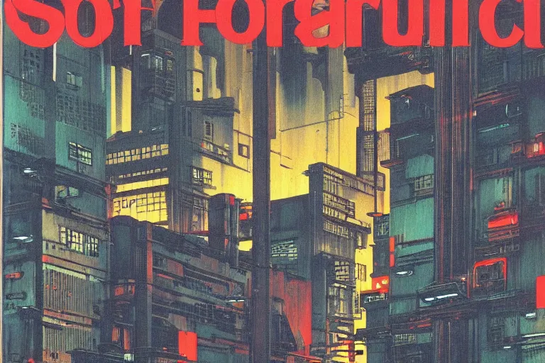 Prompt: 1979 Popular science Magazine Cover of a warehouse in neo-Tokyo in cyberpunk style by Vincent Di Fate