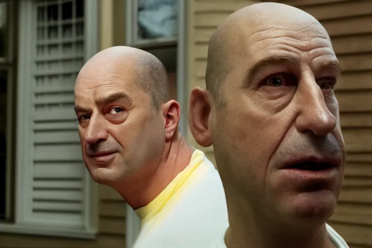 Prompt: movie scene portrait closeup, real life homer simpson in front of house, natural lighting by emmanuel lubezki