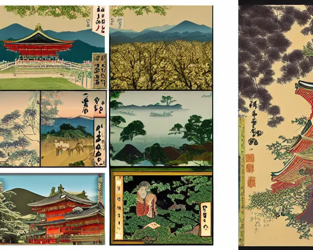 Prompt: photo collage in a neo-classical style, depicting the many wonders of rural Japan, natural splendor, arts and crafts, graphic design promoting a contemporary art exhibition