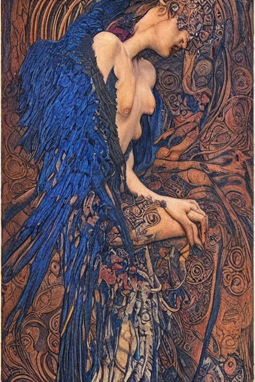 Image similar to dream of the raven king, by Annie Swynnerton and jean delville and Nicholas Roerich, embroidered brocade, tattoos, elaborate costume, geometric ornament, symbolist, rich colors, dramatic lighting, smooth, sharp focus, extremely detailed