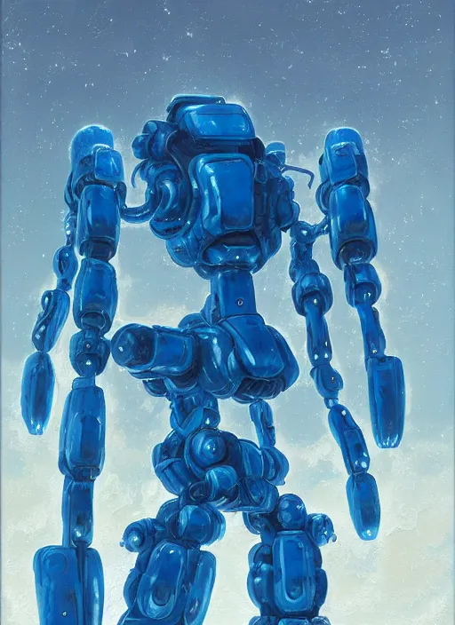 Image similar to an intricate oil painting of a giant pristine icey blue metal anime humanoid mecha with rounded components by simon stalenhag, icey tundra background