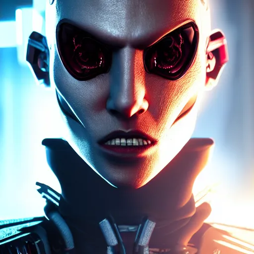 Image similar to evil cyberpunk dark lord, highly detailed, photorealistic portrait, bright studio setting, studio lighting, crisp quality and light reflections, unreal engine 5 quality render