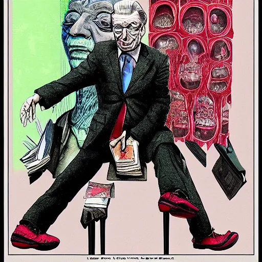 Image similar to George Soros full body shot, dollar bills Body horror, biopunk, by Ralph Steadman, Francis Bacon, Hunter S Thompson