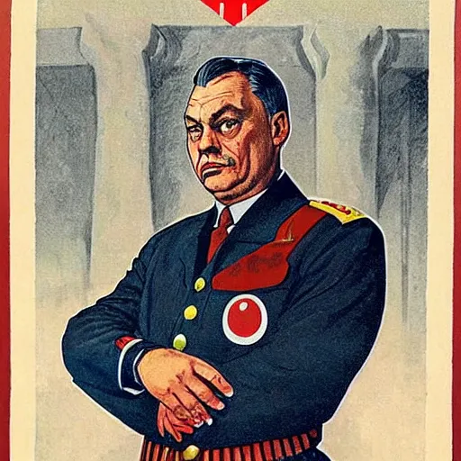 Prompt: portrait of the leader of fascist hungary, viktor orban in nazi uniform, nazi propaganda art 1 9 4 4, highly detailed, colored