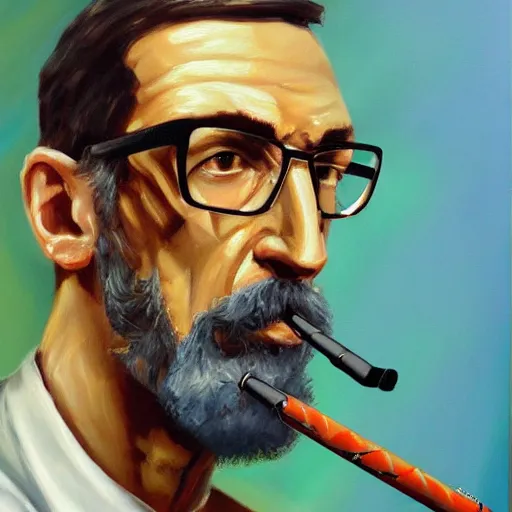 Image similar to Gordon Freeman smoking, oil painting