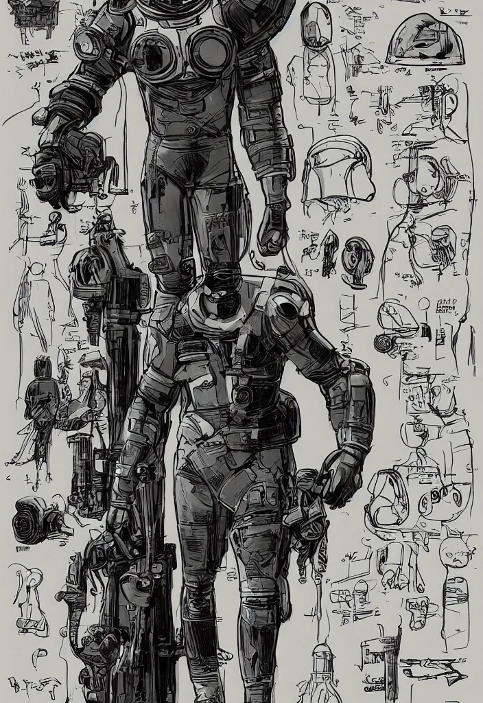 Image similar to male, heroic figure, space suit with a modern helmet, science fiction, sketch, character sheet, very stylized, digital art, illustration, pen and ink, digital painting, by mike mignola, by alex maleev