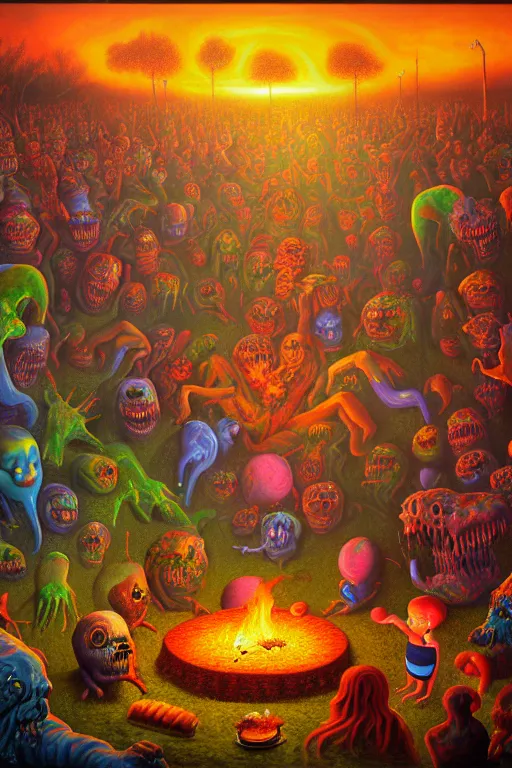 Prompt: a photorealistic painting of an isometric nightmare at the bbq horror by johfra bosschart, lisa frank, dark fantasy art, high detail, trending on artstation