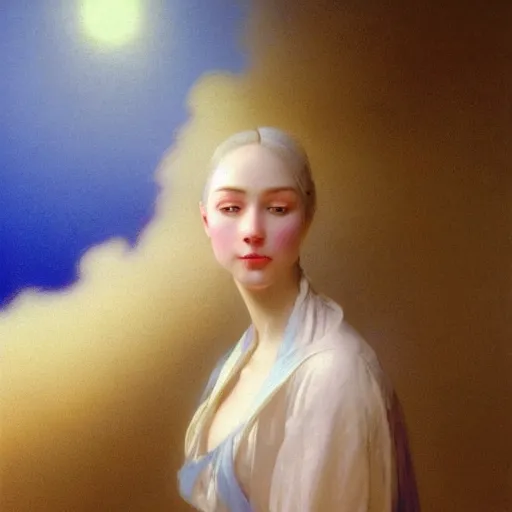 Prompt: a young woman's face, her hair is white and she wears a cobalt blue satin cloak, by ivan aivazovsky and syd mead and moebius and gaston bussiere and roger dean and pieter claesz and paul delaroche and alma tadema and aelbert cuyp and beksinski, hyperrealistic, volumetric light, octane render