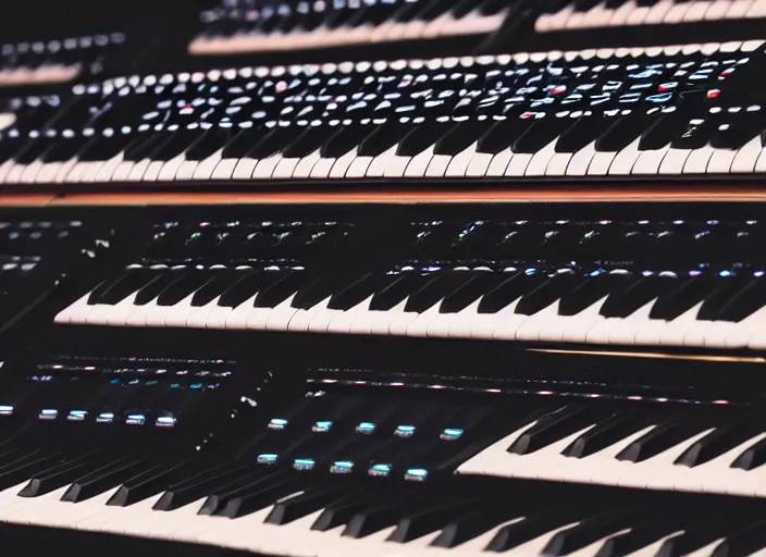 Prompt: photo still of a rack of keyboard synthesizers, 8 k