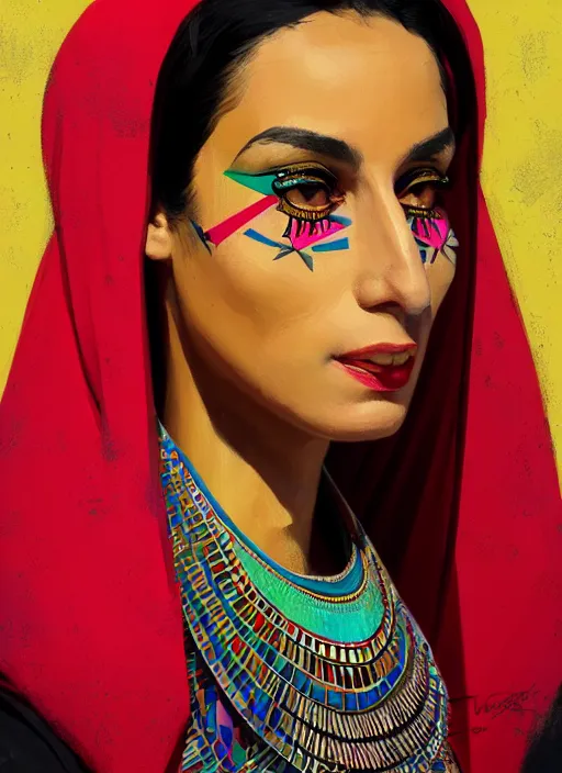 Image similar to portrait of an egyptian woman with a crooked nose and a confident expression, 1 9 6 0 s, colorful clothes, punk, funk, intricate, elegant, highly detailed, digital painting, artstation, concept art, smooth, sharp focus, illustration, art by wlop, mars ravelo and greg rutkowski