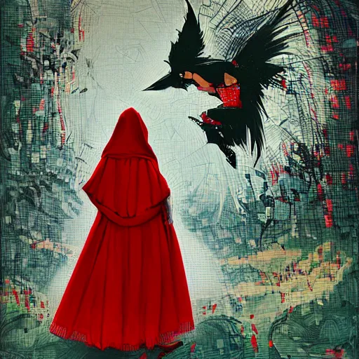 Image similar to portrait of a daydreaming latina woman in a red riding hood monk custome being progressively rasterized into pixels, surrounded by digital birds and a loving robot, by yoji shinkawa, esao andrews and dave mckean